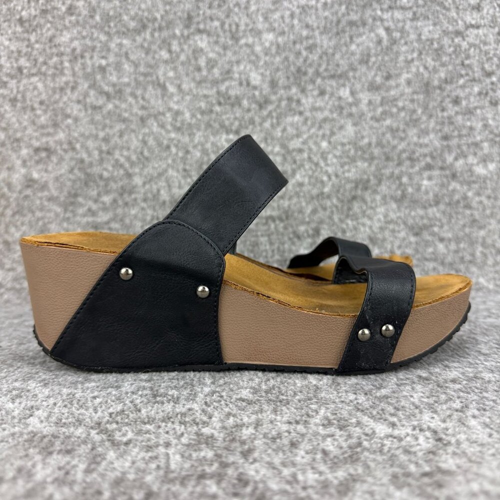 ✅Womens 8.5 AGAPE COLLECTION Platform Sandals Black Wedge Studded Faux Leather - Picture 11 of 11